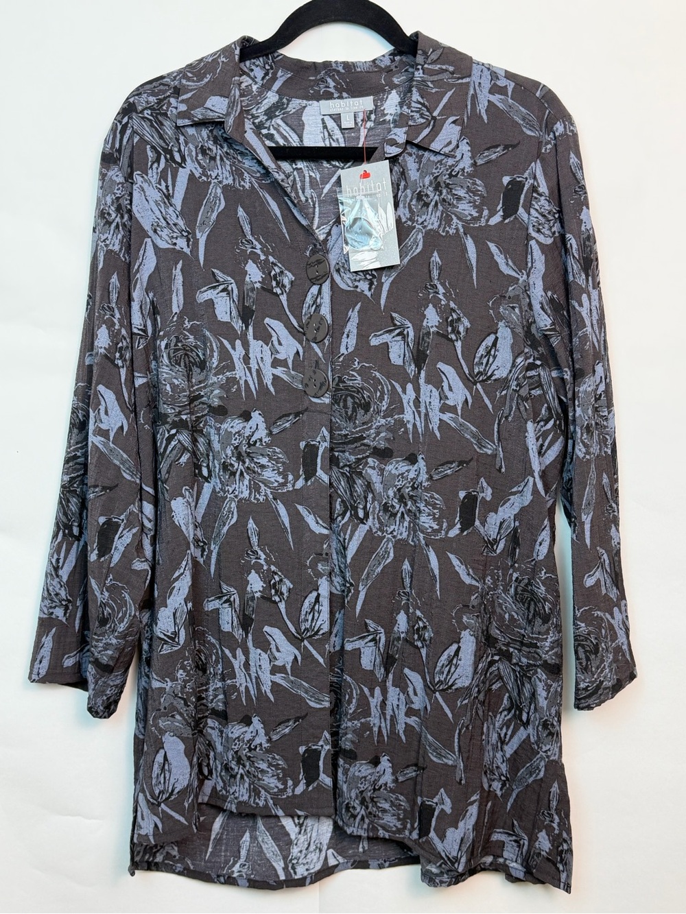 NWT Habitat Clothes to Live In Gray Abstract Floral Button Up Tunic Shirt L